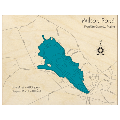 Bathymetric topo map of Wilson Pond, ME with roads, towns and depths noted in blue water.