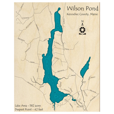 Bathymetric topo map of Wilson Pond, ME with roads, towns and depths noted in blue water.