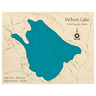 Bathymetric topo map of Wilson Lake, ME with roads, towns and depths noted in blue water.