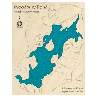 Bathymetric topo map of Woodbury Pond, ME with roads, towns and depths noted in blue water.