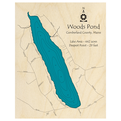 Bathymetric topo map of Woods Pond, ME with roads, towns and depths noted in blue water.