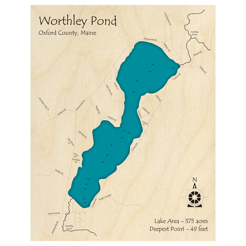Bathymetric topo map of Worthley Pond, ME with roads, towns and depths noted in blue water.