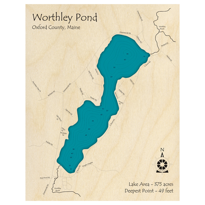 Bathymetric topo map of Worthley Pond, ME with roads, towns and depths noted in blue water.