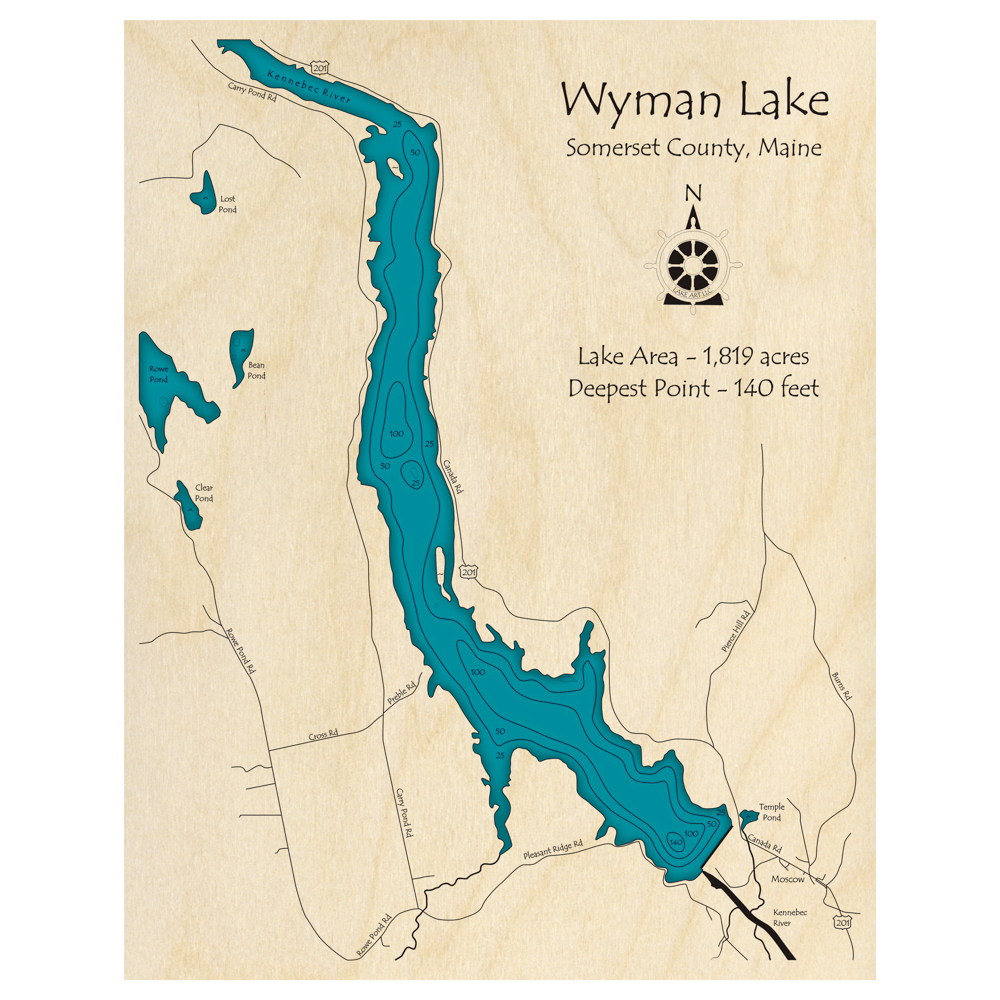 Bathymetric topo map of Wyman Lake, ME with roads, towns and depths noted in blue water.