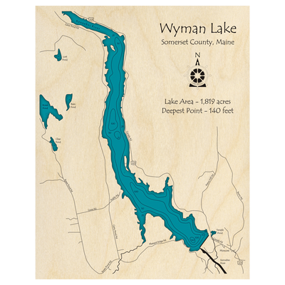 Bathymetric topo map of Wyman Lake, ME with roads, towns and depths noted in blue water.