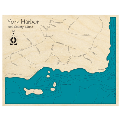 Bathymetric topo map of York Harbor, ME with roads, towns and depths noted in blue water.