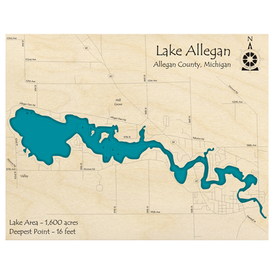 Bathymetric topo map of Lake Allegan, MI with roads, towns and depths noted in blue water.