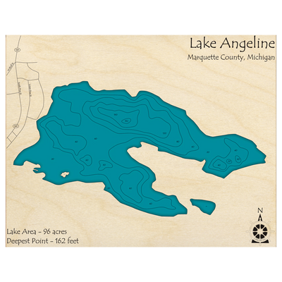 Bathymetric topo map of Lake Angeline, MI with roads, towns and depths noted in blue water.