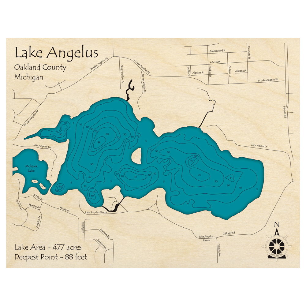 Bathymetric topo map of Lake Angelus, MI with roads, towns and depths noted in blue water.