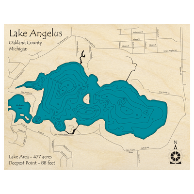 Bathymetric topo map of Lake Angelus, MI with roads, towns and depths noted in blue water.