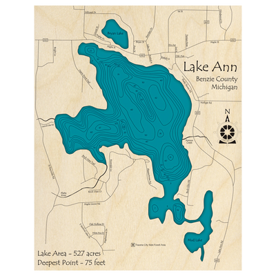 Bathymetric topo map of Lake Ann, MI with roads, towns and depths noted in blue water.