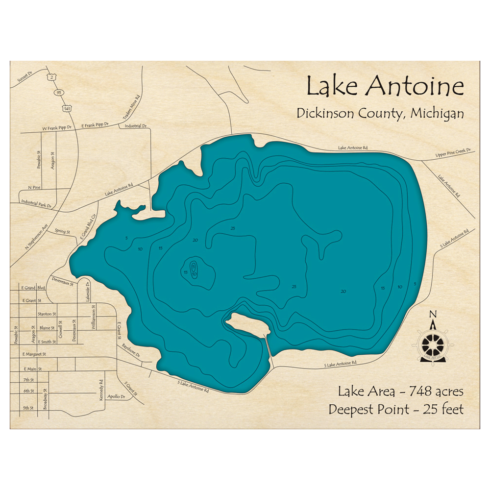 Bathymetric topo map of Lake Antoine, MI with roads, towns and depths noted in blue water.