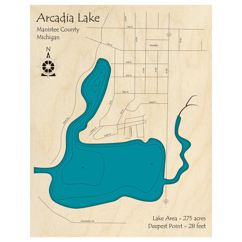 Bathymetric topo map of Arcadia Lake, MI with roads, towns and depths noted in blue water.