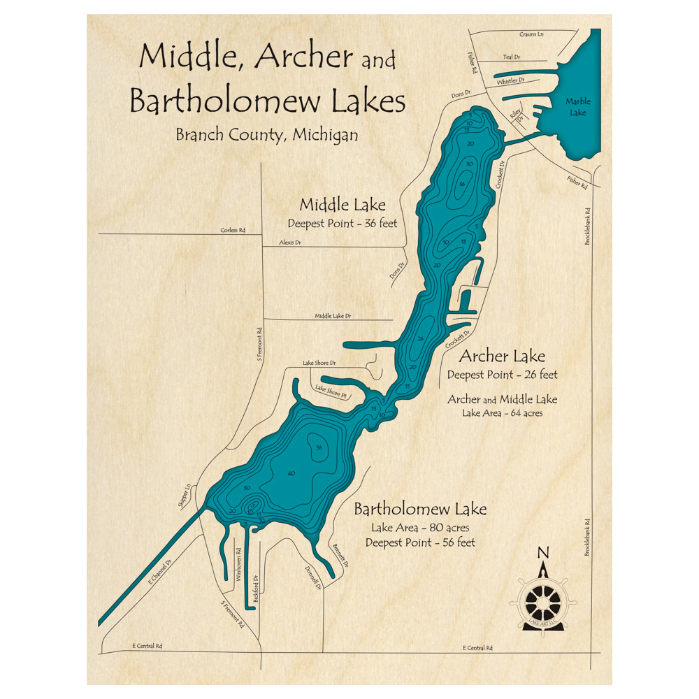 Bathymetric topo map of Middle Lake, MI with roads, towns and depths noted in blue water.