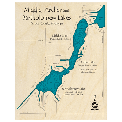 Bathymetric topo map of Middle Lake, MI with roads, towns and depths noted in blue water.