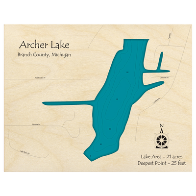 Bathymetric topo map of Archer Lake, MI with roads, towns and depths noted in blue water.