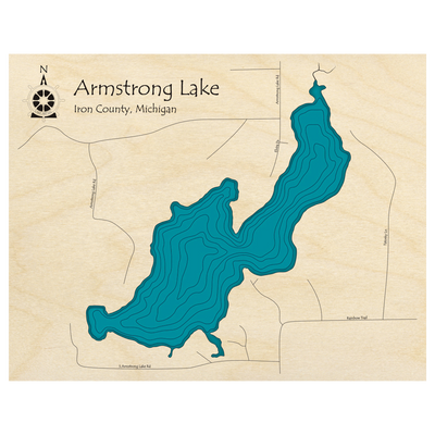 Bathymetric topo map of Armstrong Lake, MI with roads, towns and depths noted in blue water.