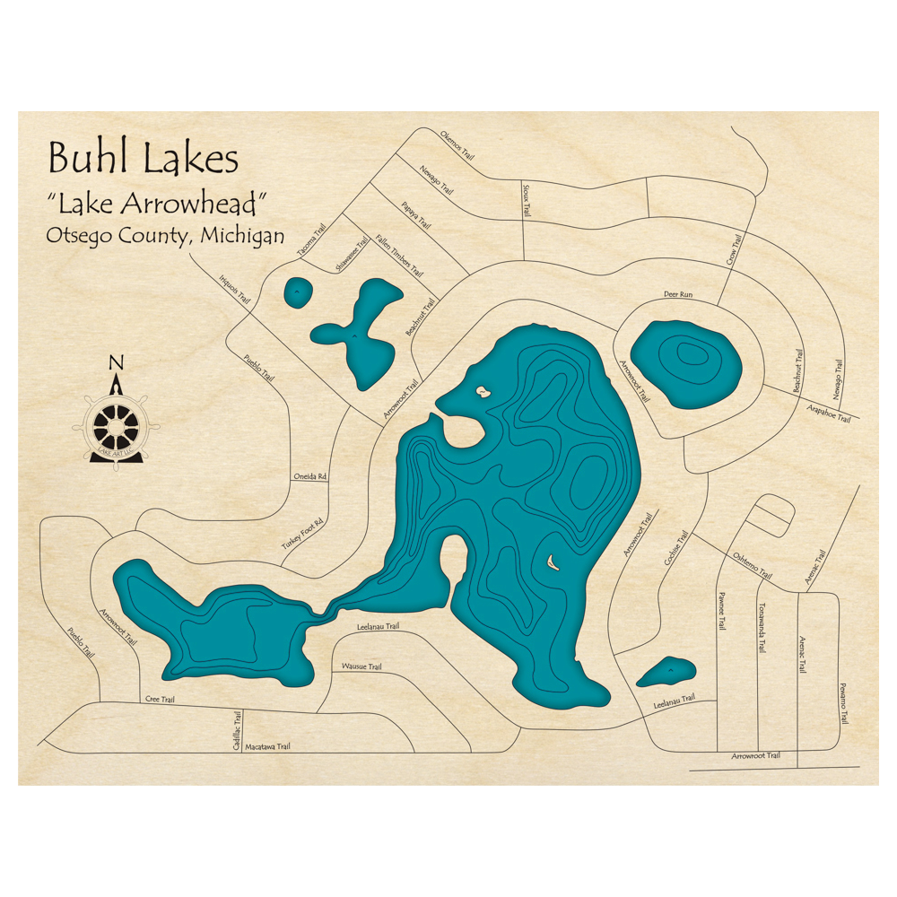 Bathymetric topo map of Lake Arrowhead, MI with roads, towns and depths noted in blue water.