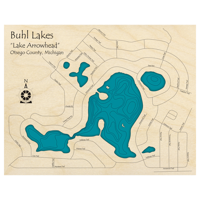 Bathymetric topo map of Lake Arrowhead, MI with roads, towns and depths noted in blue water.