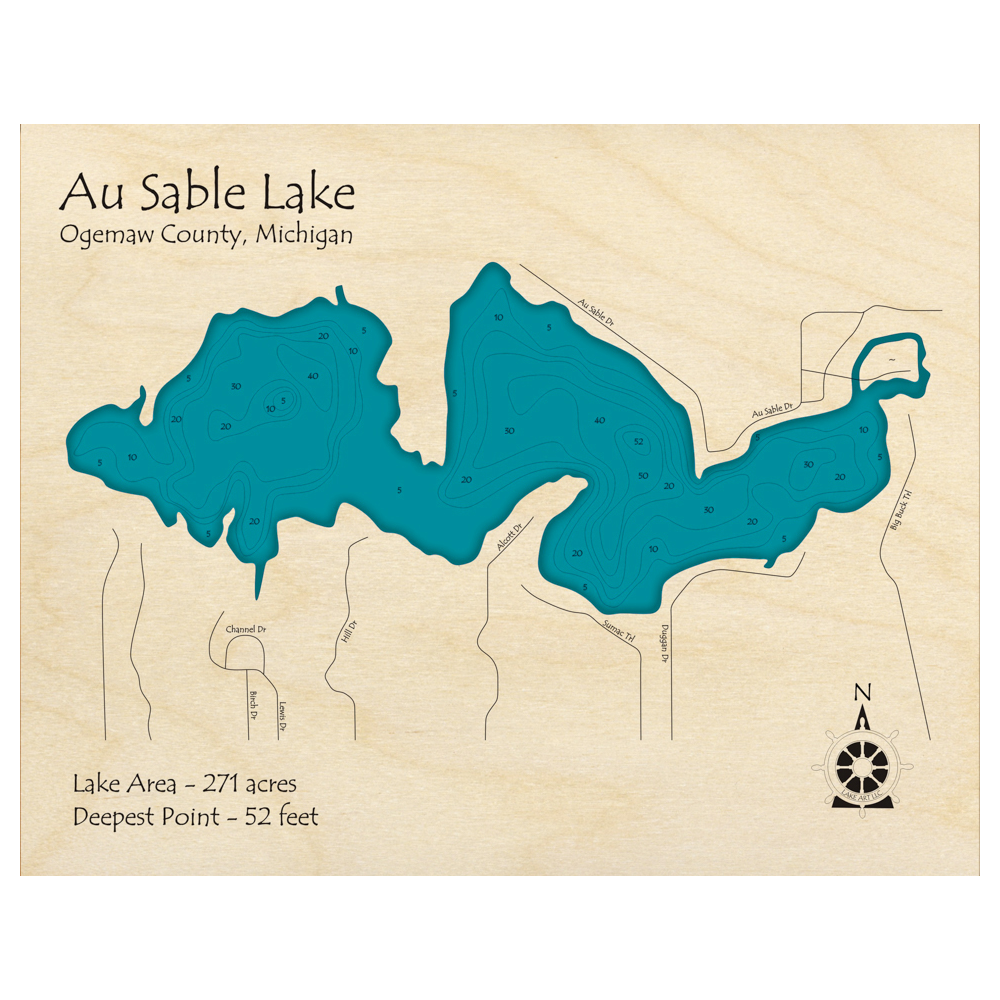 Bathymetric topo map of Au Sable Lake, MI with roads, towns and depths noted in blue water.