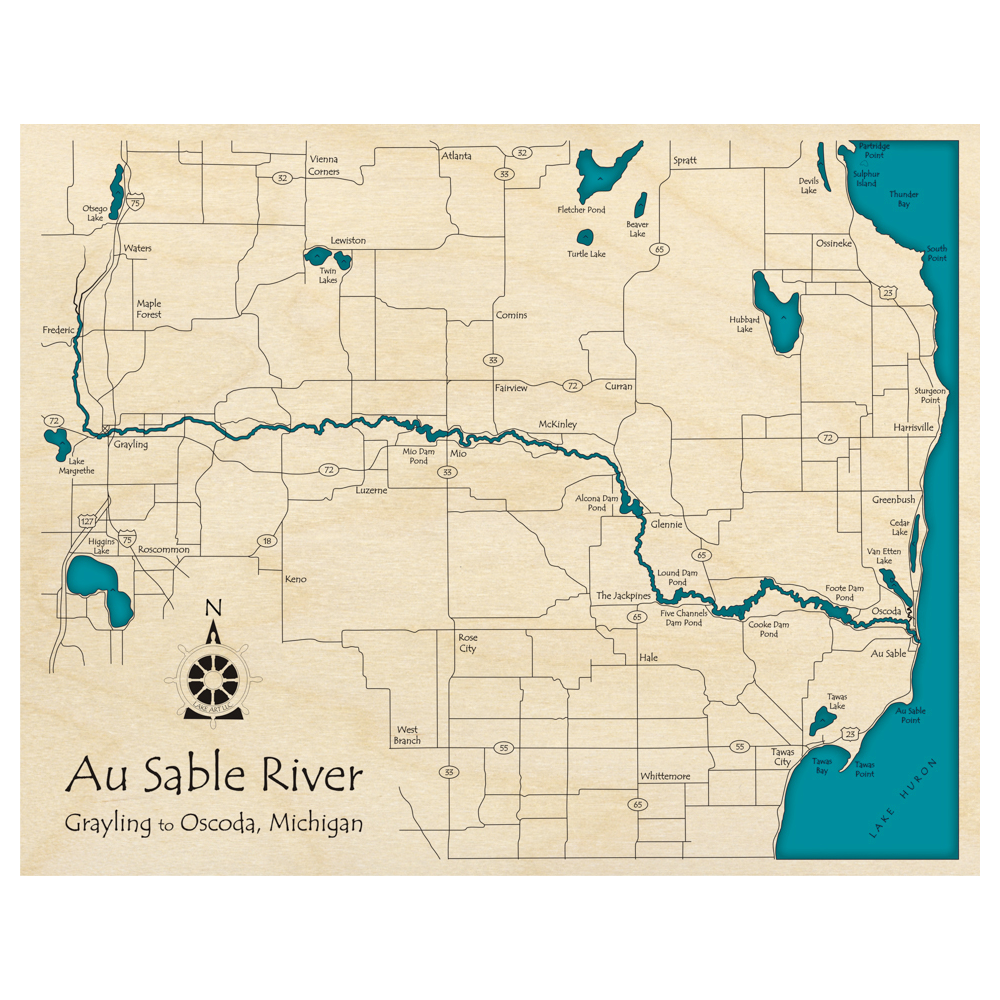 Bathymetric topo map of Au Sable River, MI with roads, towns and depths noted in blue water.