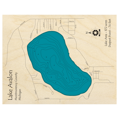 Bathymetric topo map of Lake Avalon, MI with roads, towns and depths noted in blue water.
