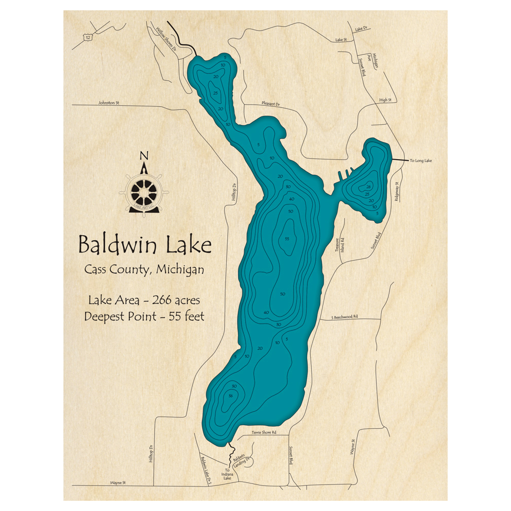 Bathymetric topo map of Baldwin Lake, MI with roads, towns and depths noted in blue water.