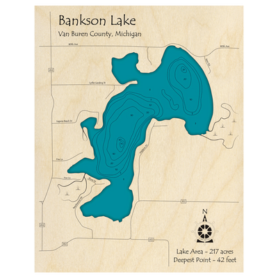 Bathymetric topo map of Bankson Lake, MI with roads, towns and depths noted in blue water.