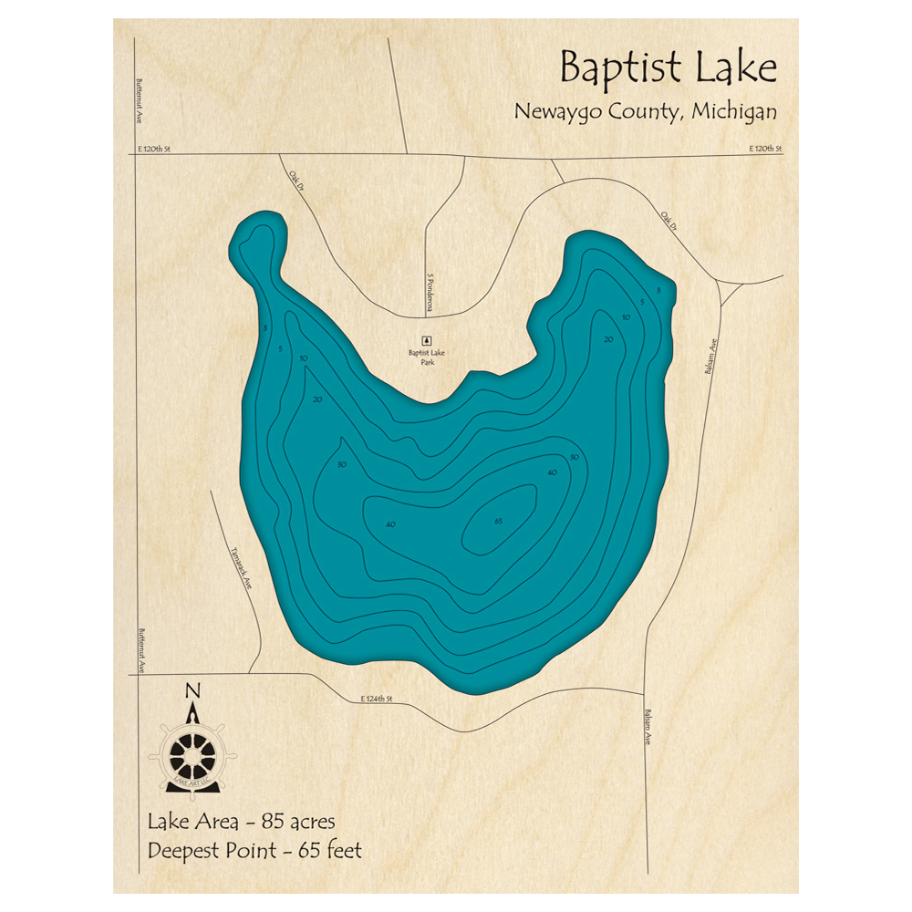 Bathymetric topo map of Baptist Lake, MI with roads, towns and depths noted in blue water.