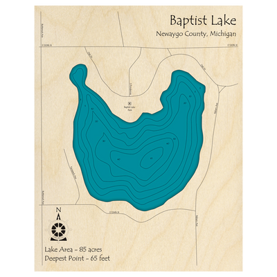 Bathymetric topo map of Baptist Lake, MI with roads, towns and depths noted in blue water.
