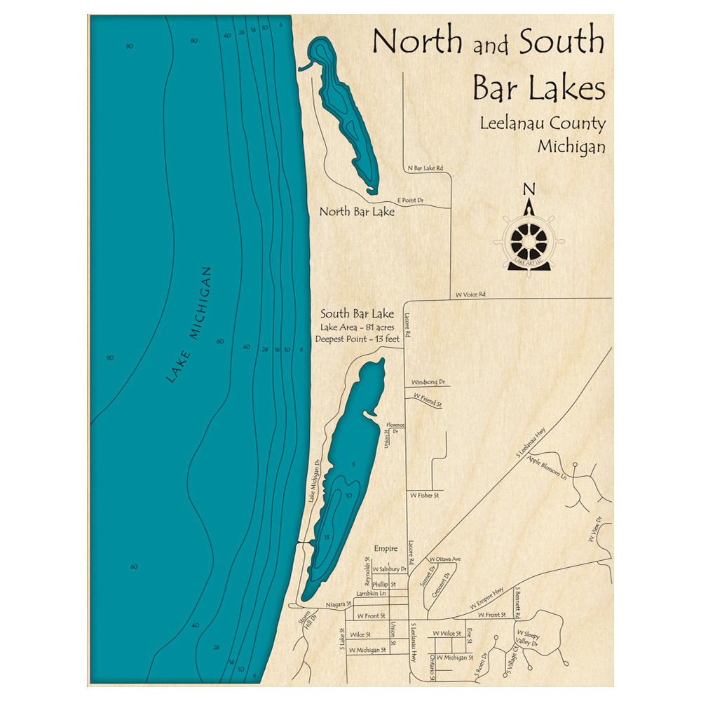 Bathymetric topo map of North and South Bar Lakes, MI with roads, towns and depths noted in blue water.