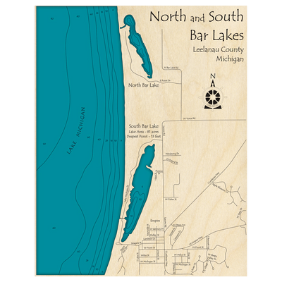 Bathymetric topo map of North and South Bar Lakes, MI with roads, towns and depths noted in blue water.