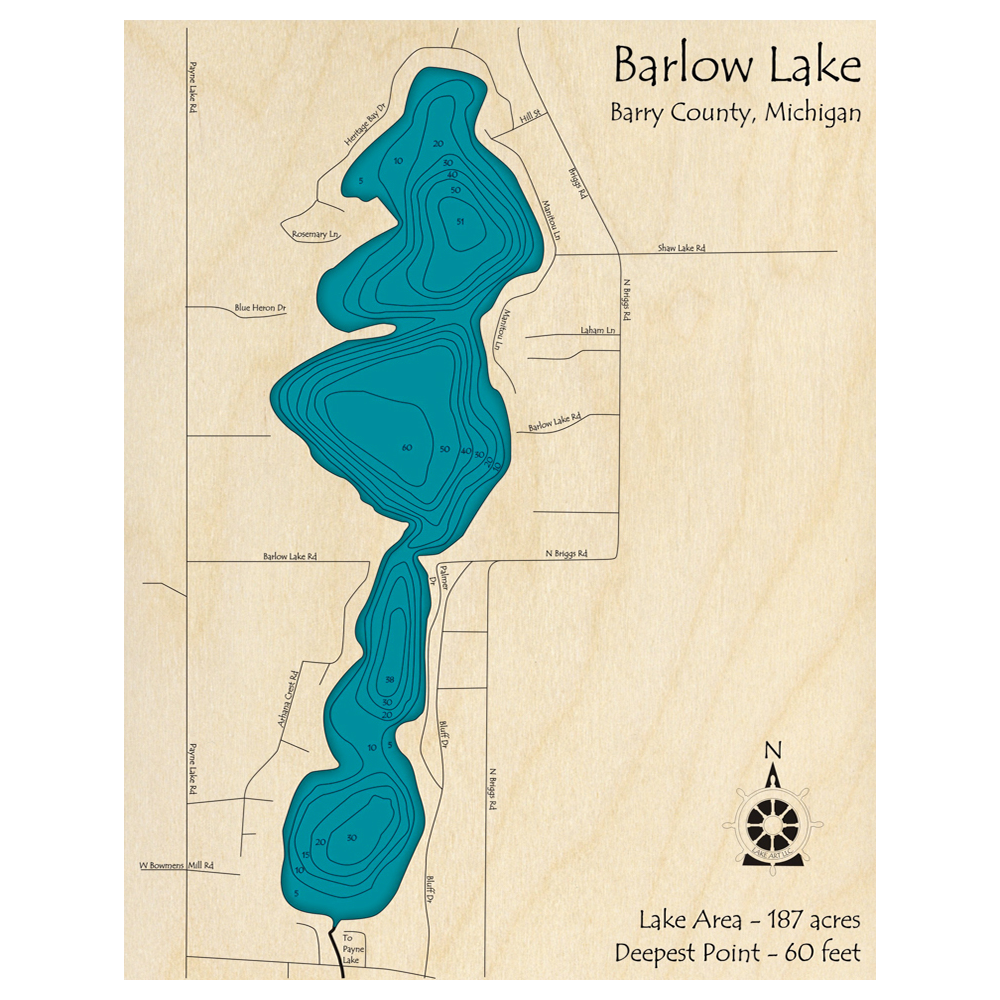 Bathymetric topo map of Barlow Lake, MI with roads, towns and depths noted in blue water.