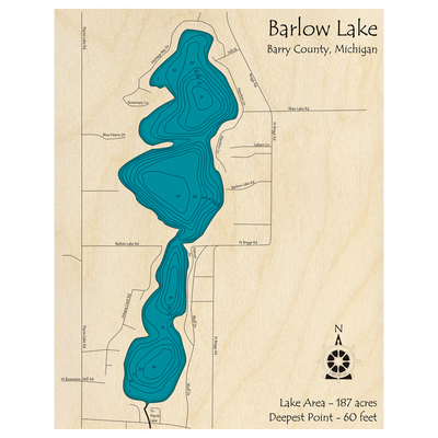 Bathymetric topo map of Barlow Lake, MI with roads, towns and depths noted in blue water.
