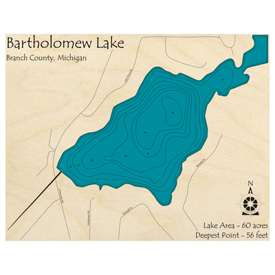 Bathymetric topo map of Bartholomew Lake, MI with roads, towns and depths noted in blue water.
