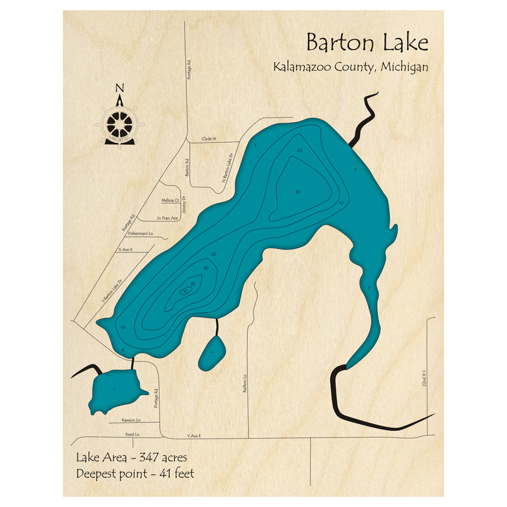 Bathymetric topo map of Barton Lake, MI with roads, towns and depths noted in blue water.