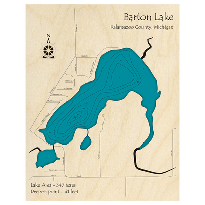 Bathymetric topo map of Barton Lake, MI with roads, towns and depths noted in blue water.