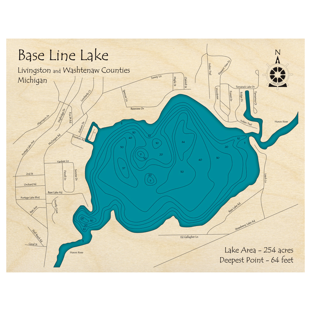 Base Line Lake, Michigan 3D Custom Wood Map – Lake Art LLC
