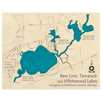 Bathymetric topo map of Base Line Lake, MI with roads, towns and depths noted in blue water.