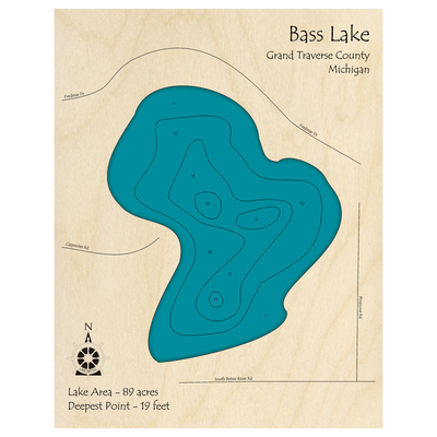 Bathymetric topo map of Bass Lake, MI with roads, towns and depths noted in blue water.