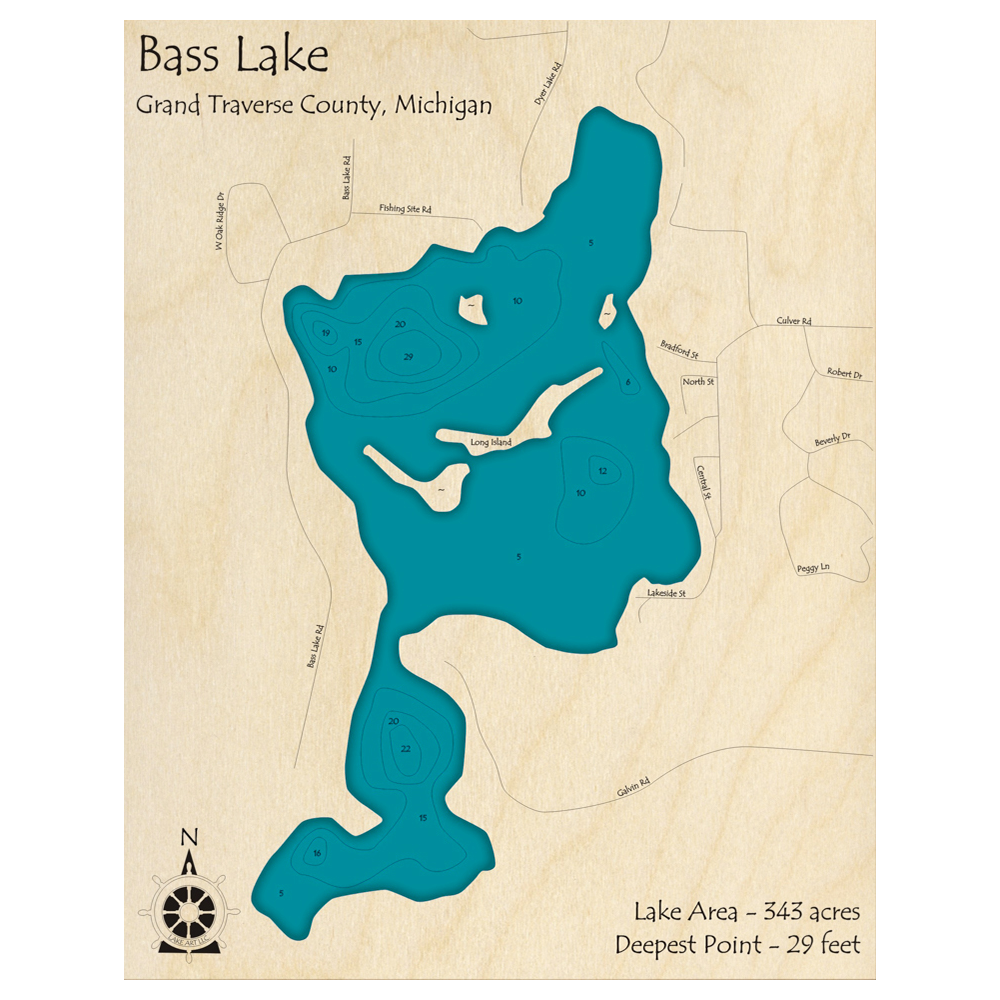 Bathymetric topo map of Bass Lake, MI with roads, towns and depths noted in blue water.