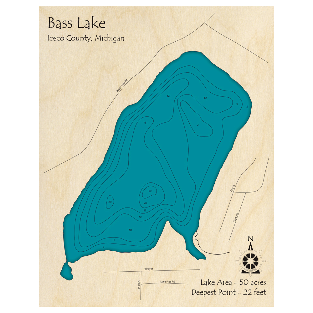 Bathymetric topo map of Bass Lake, MI with roads, towns and depths noted in blue water.