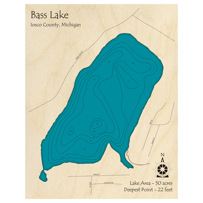 Bathymetric topo map of Bass Lake, MI with roads, towns and depths noted in blue water.