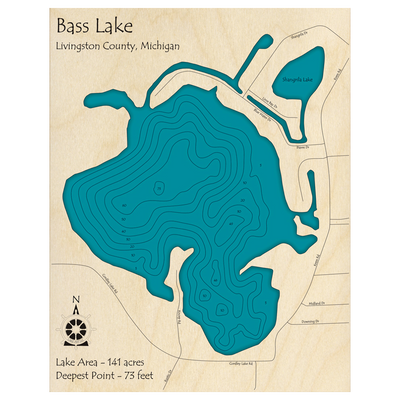 Bathymetric topo map of Bass Lake, MI with roads, towns and depths noted in blue water.