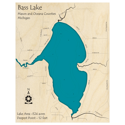 Bathymetric topo map of Bass Lake, MI with roads, towns and depths noted in blue water.