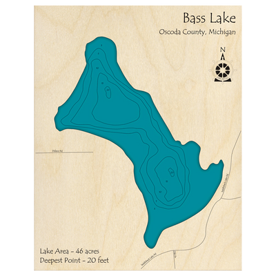 Bathymetric topo map of Bass Lake, MI with roads, towns and depths noted in blue water.