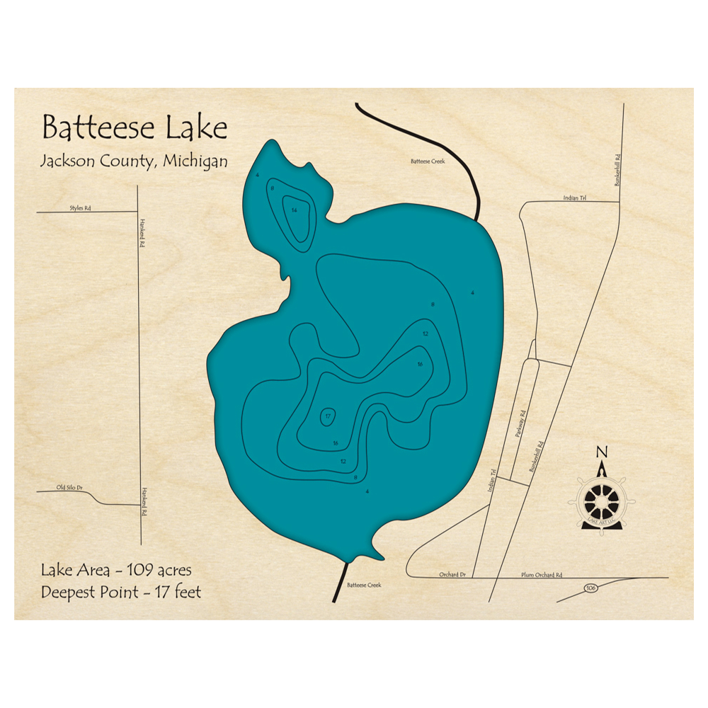 Bathymetric topo map of Batteese Lake, MI with roads, towns and depths noted in blue water.