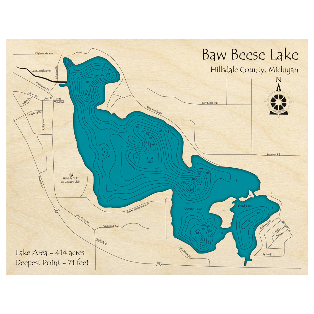 Bathymetric topo map of Baw Beese Lake, MI with roads, towns and depths noted in blue water.