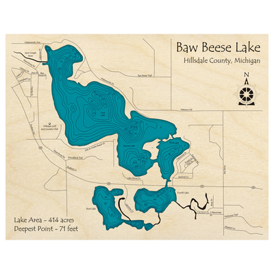 Bathymetric topo map of Baw Beese Lake, MI with roads, towns and depths noted in blue water.