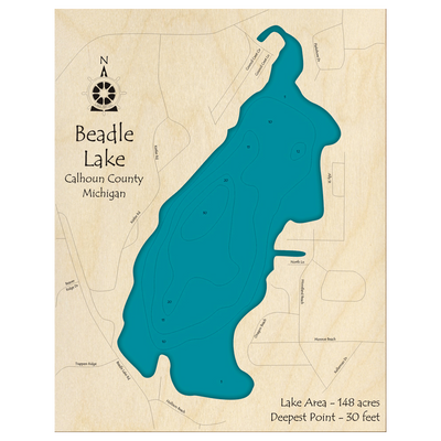 Bathymetric topo map of Beadle Lake, MI with roads, towns and depths noted in blue water.